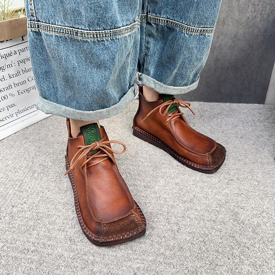 Johnature Короткие сапоги с квадратным носком, универсальные женские туфли на плоской подошве из натуральной кожи на шнуровке в стиле ретро в стиле ретро