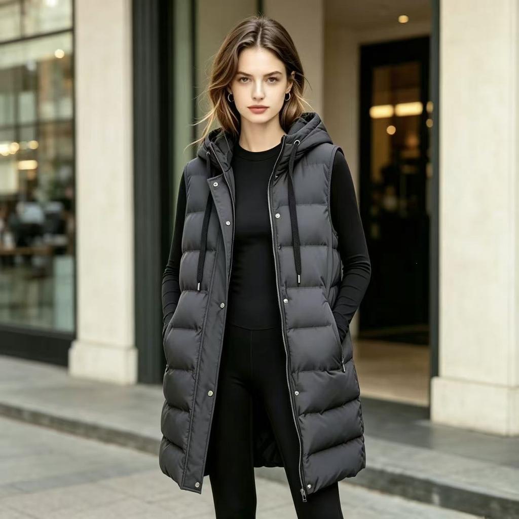 Cotton vest padded cotton autumn and winter thin hooded vest European and American loose new medium and long casual sleeveless large size