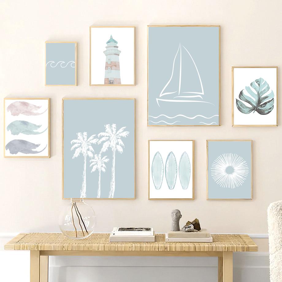 Парусная лодка Доска для серфинга Монстера Пальма Маяк Плакаты и принты Картина на холсте Настенные художественные картины Гостиная Домашний декор