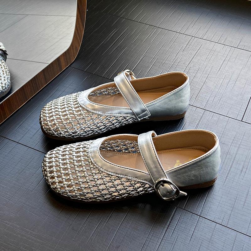 Ретро полые плетеные туфли Мэри Джейн женские 2025 весна новые универсальные туфли с одинарной пряжкой, одинарные туфли с плоским перфорированным верхом