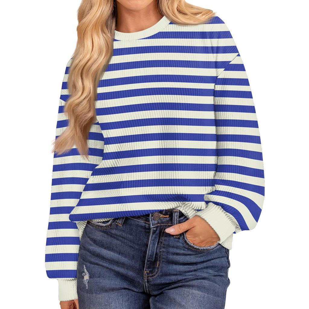 Женские повседневные свободные туники, топы с круглым вырезом, трикотажные ребристые рубашки с принтом, длинный рукав, пуловер, топ