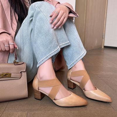 ~ Винтажный балет~ Весна/Лето 2025 Эластичная лента крест на подъеме Толстый каблук Женские сандалии Элегантные полые сандалии на высоком каблуке