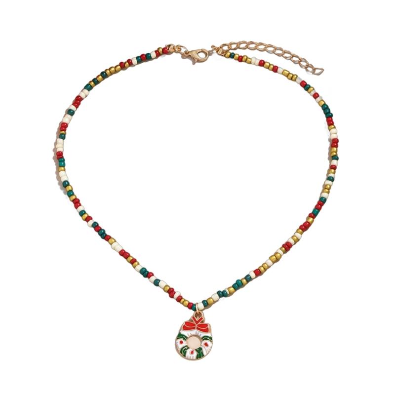 Rice Beads Christmas Tree Necklace Handmade Christmas Necklace for Women Colorful Beads and Festive Ornament Charm