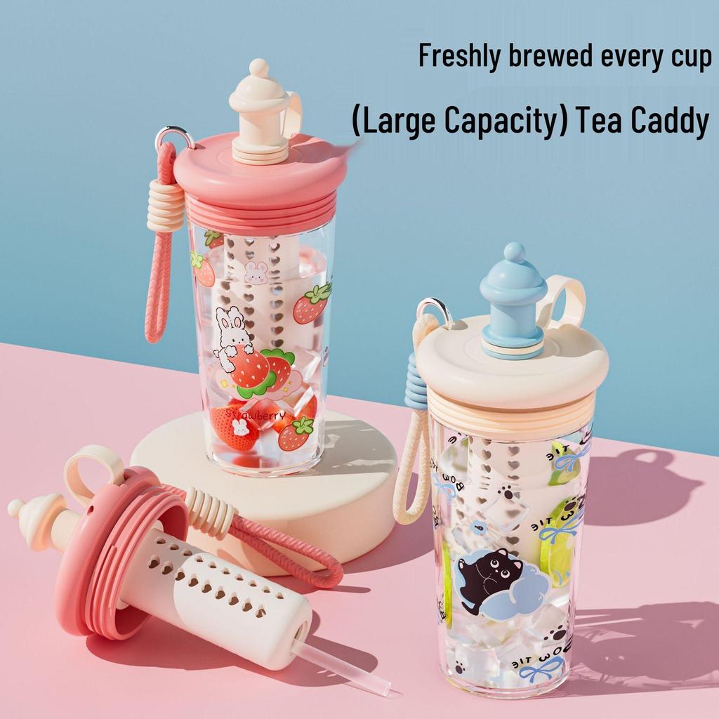 Portable Cute Tritan Water Cup with Tea Filter & Straw – Cartoon Design, Perfect for Students