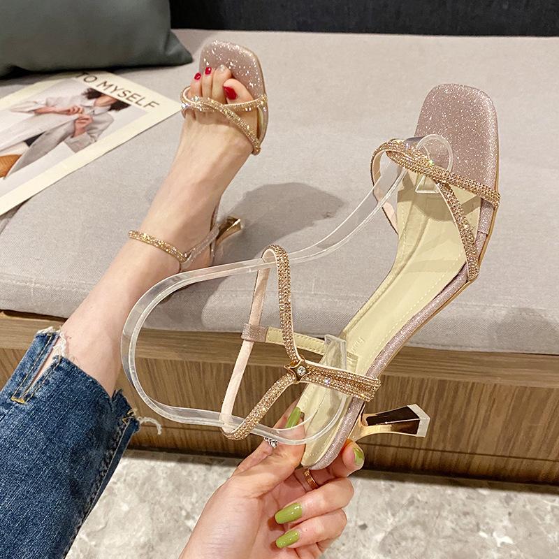 Сандалии женские лето 2024 новые женские корейские феи стиль мода крест стразы высокий каблук сандалии