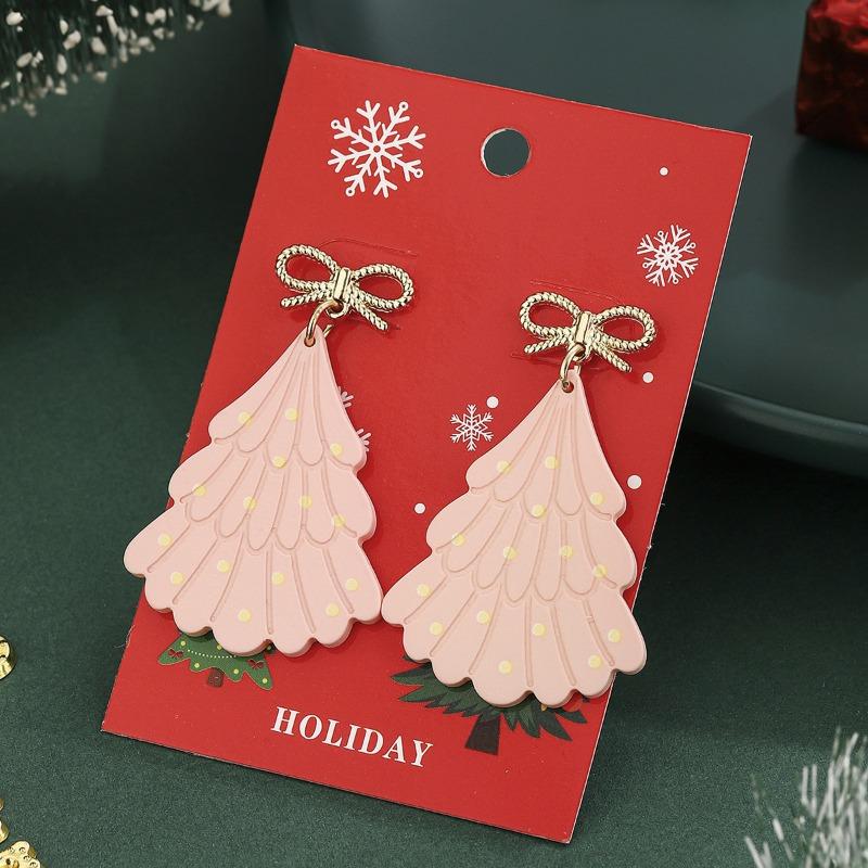 New Christmas Earrings, Bow Polka Dot Studs, Pink Christmas Tree Earrings, Earrings.