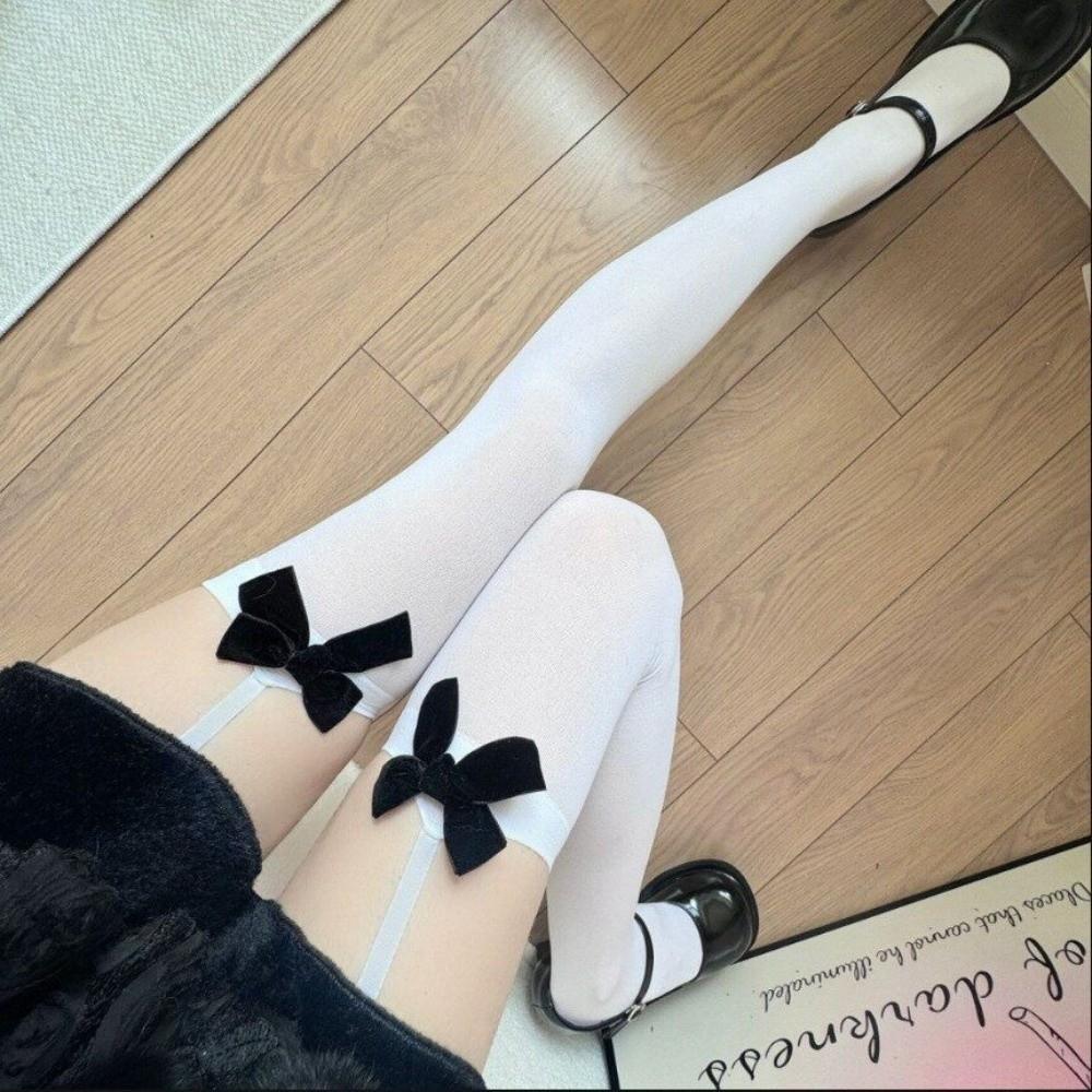 Elastic Thigh High Stockings Lolita Style Knee High Socks Sexy Bowknot Suspender Stockings Women