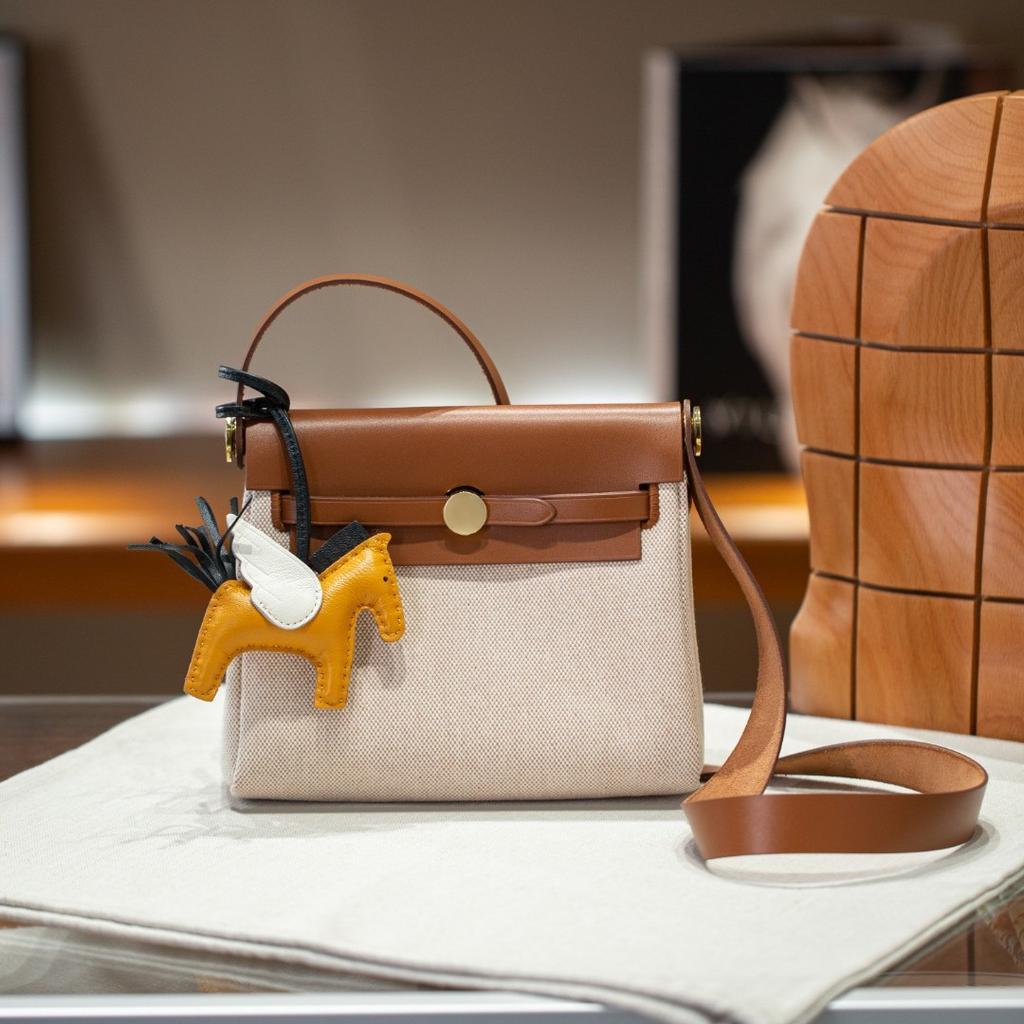 Herbag Mini Non-Buckle Hardware Canvas Stitched Cowhide Womens Bag Fashion High-Grade Texture Single Strap Shoulder Bag