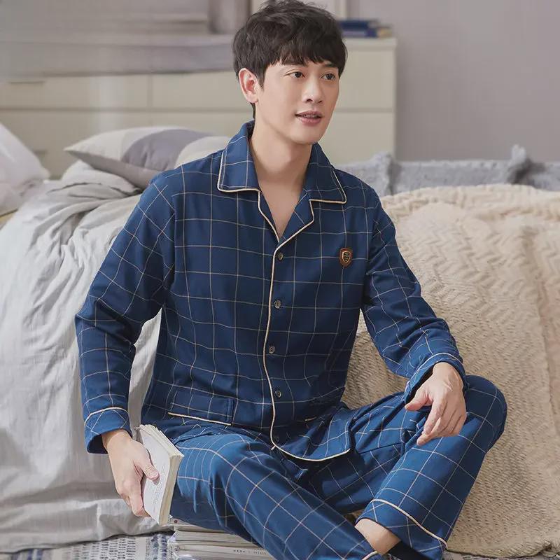 Мужская пижама-кардиган с лацканами, 100% хлопок, длинный рукав, на весну, лето и осень, размеры до 5XL