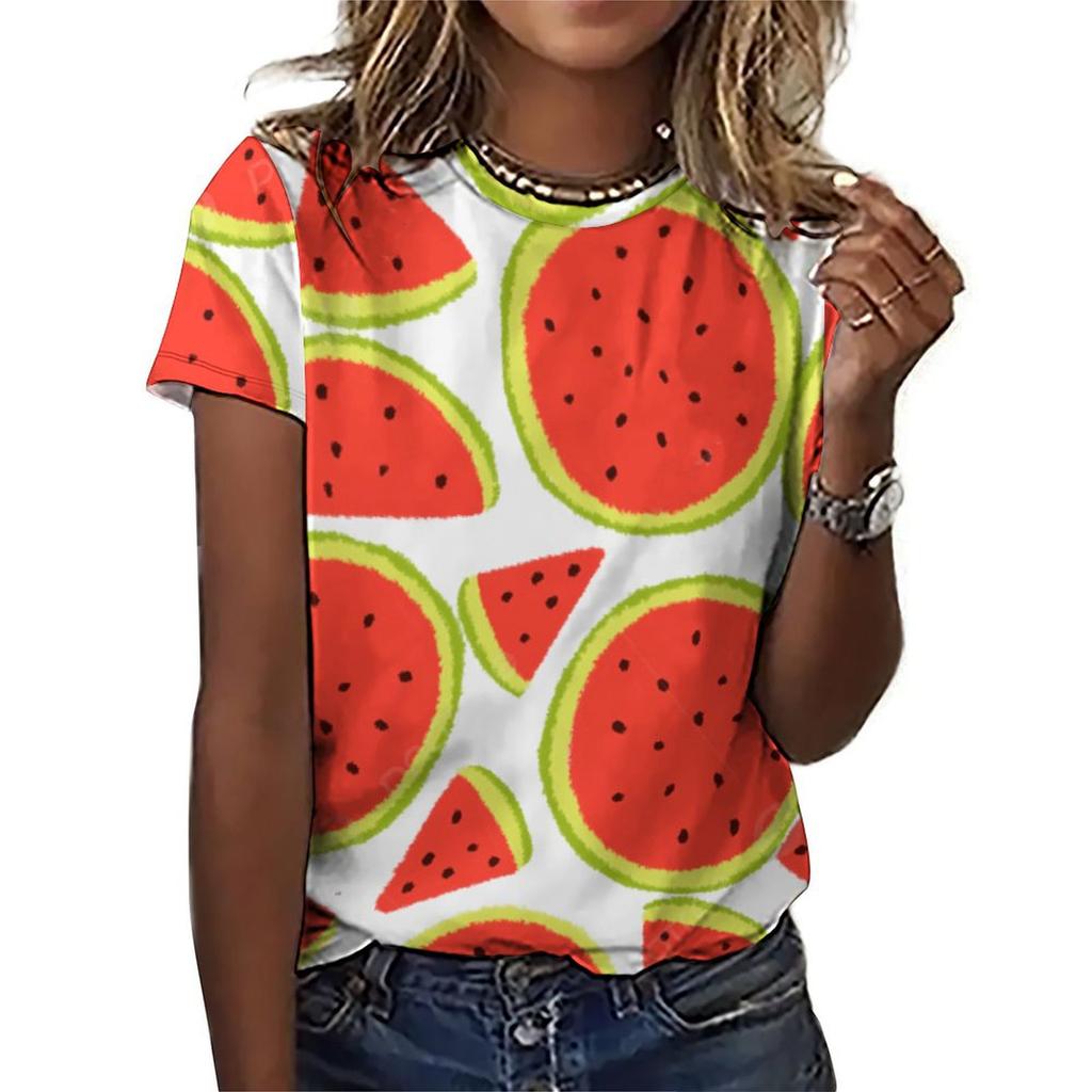 Women's Fruit and Watermelon 3D Printed T-shirt, Round Neck Short Sleeve T-shirt, Harajuku Y2K Large T-shirt, Women's Clothing