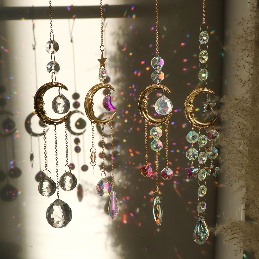 Лунные хрустальные ловцы солнца, подвесные, в стиле колокольчика, садовый ловец солнца, создатель радуги, ручной работы, золотой кулон-ловец солнца, домашний декор