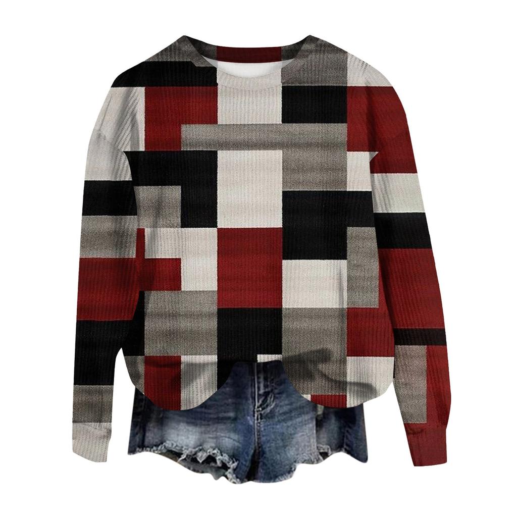 Women's Fashion Casual Long Sleeve Printed Round Neck Woolen Knit Pullover Top