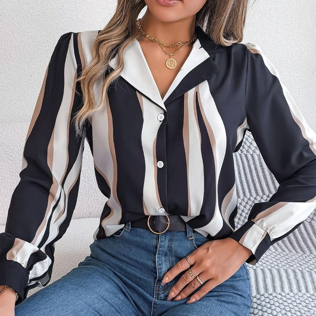 GMXIA Женский модный повседневный летний костюм с длинным рукавом, блузки с воротником и рубашки всех видов контрастных цветов и полосок