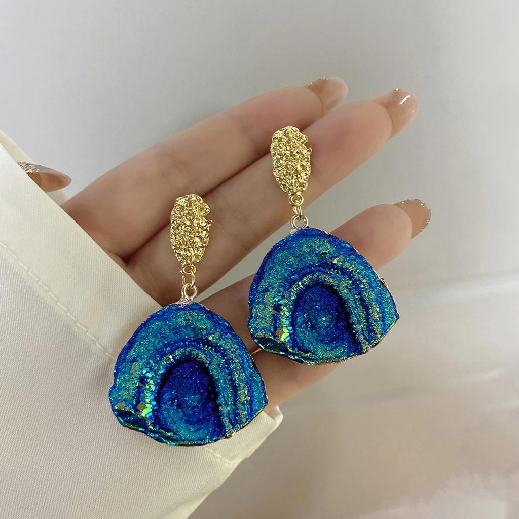Vintage Abstract Natural Stone Dangle Earrings for Women Van Gogh Painting Stars Geometric Volcanic Rock Pendant Earrings