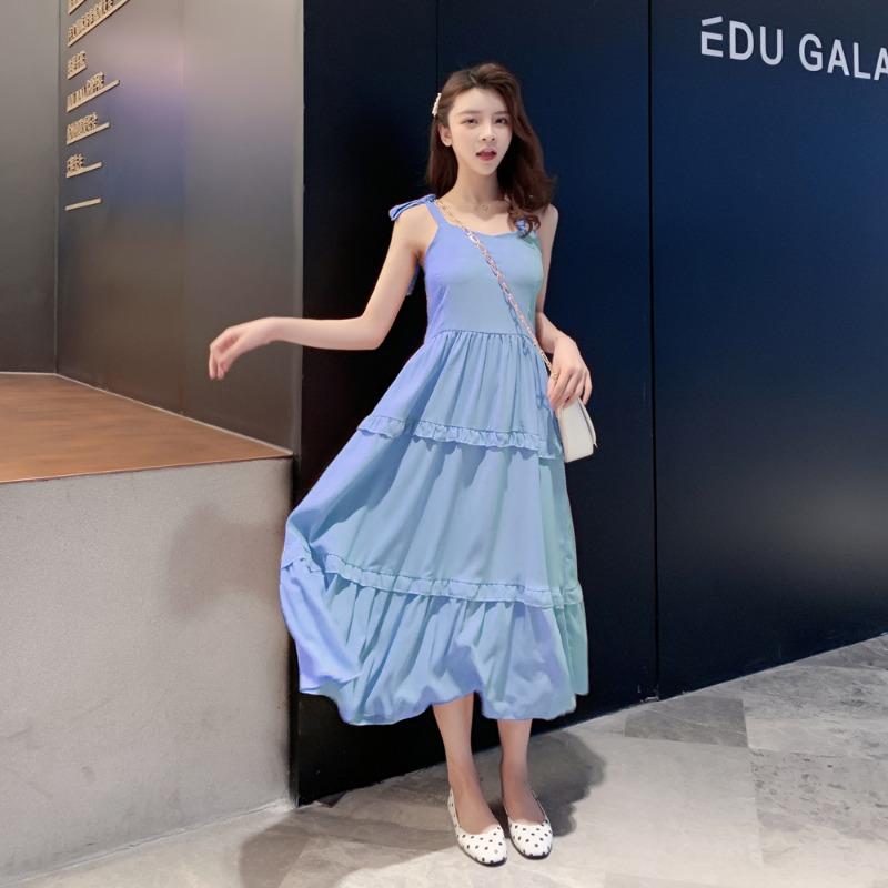 Летнее новое однотонное платье с бантом и сексуальными бретельками, женское ретро-платье с высокой талией, повседневное свободное длинное платье, женское модное облегающее элегантное платье с оборками 26371