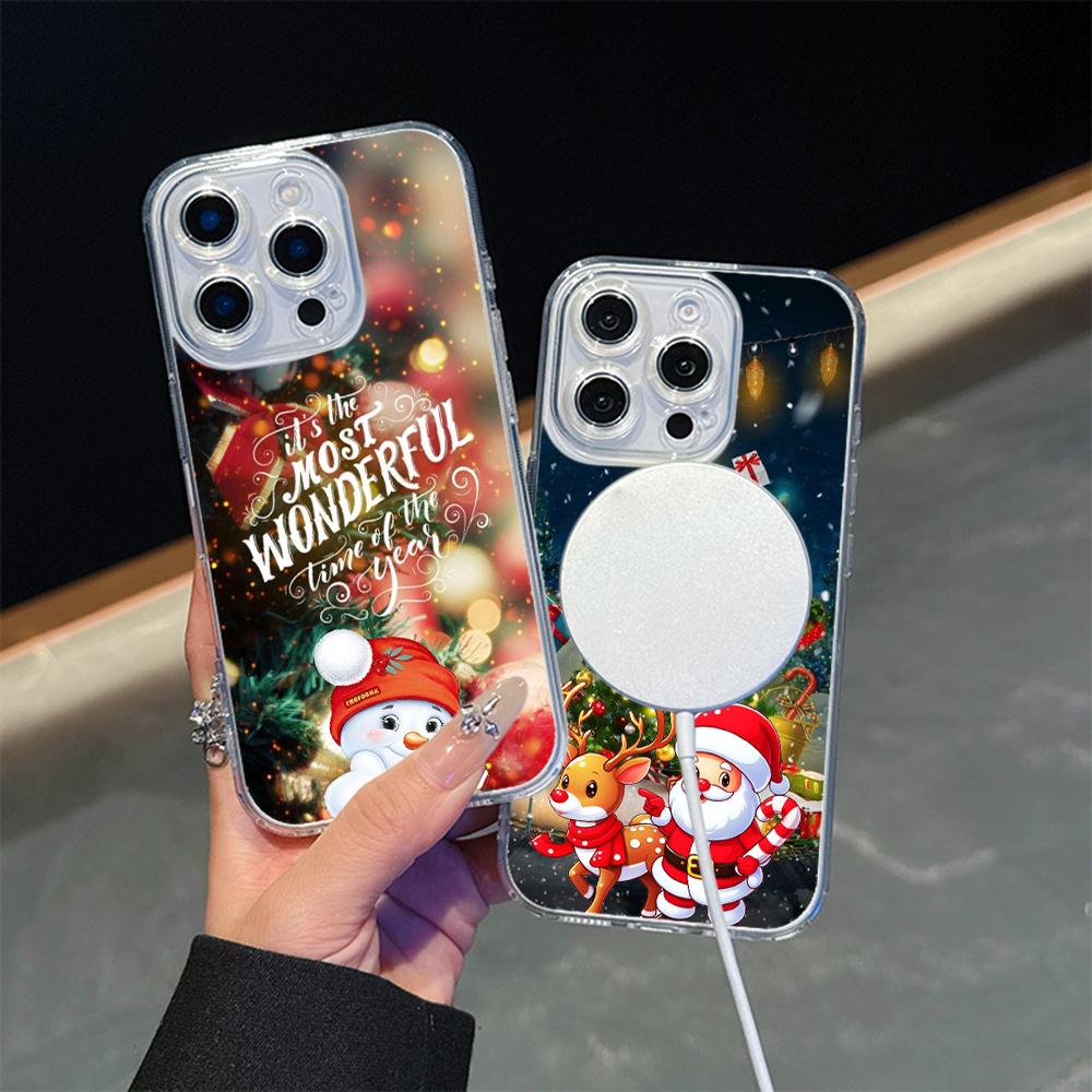 Ae121 Merry Christmas Santa design art Magsafe Transparent Cases для Samsung S23 S24 Ultra S21 FE iPhone16 Pro Max Magnetic Wireless Charge Back Cover