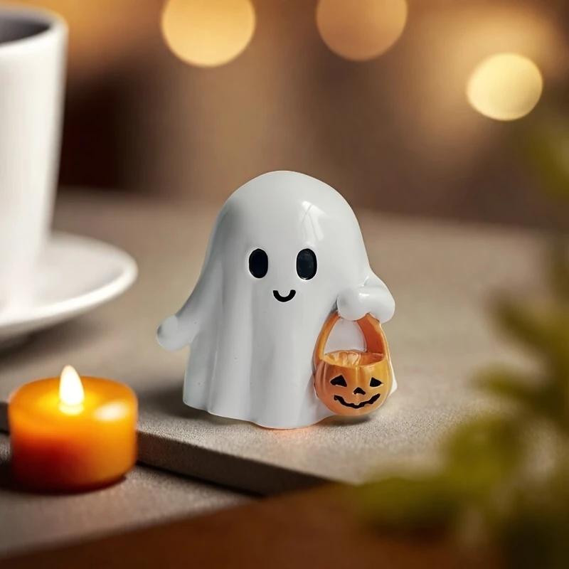 Cute Ghost Figurine with Pumpkin Bag Resin Ghost Halloween Statue Desktop Ornament For Halloween Decoration