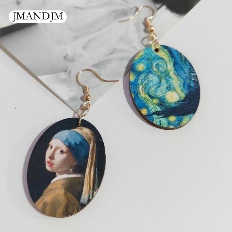 Ретро стиль картины маслом девушка овальные деревянные серьги для женщин