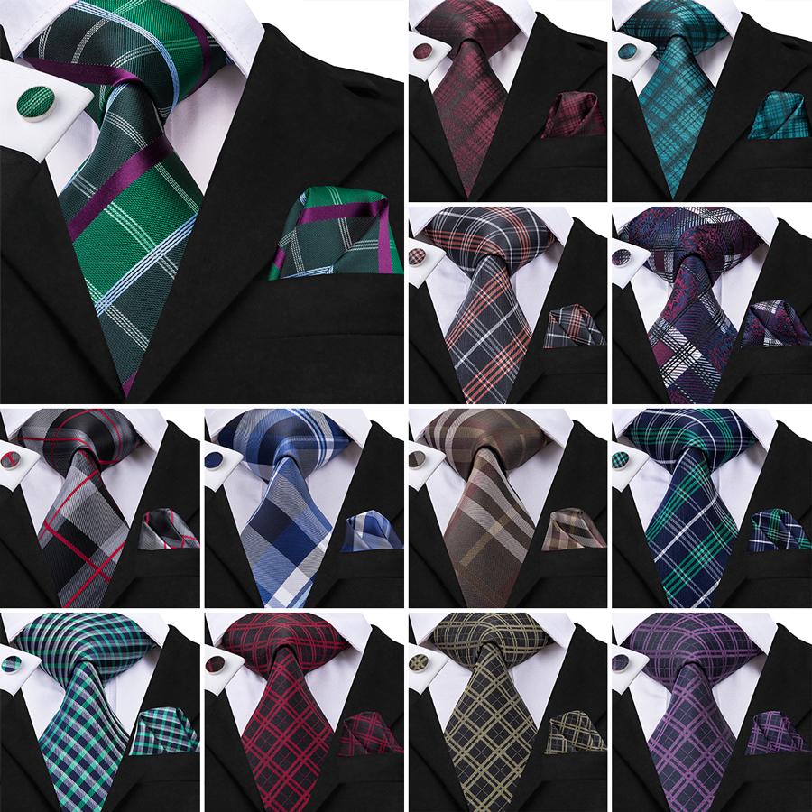 Hi-Tie Plaids&Checks Necktie Handkerchief Cufflinks Set Tartan Necktie for Business Party