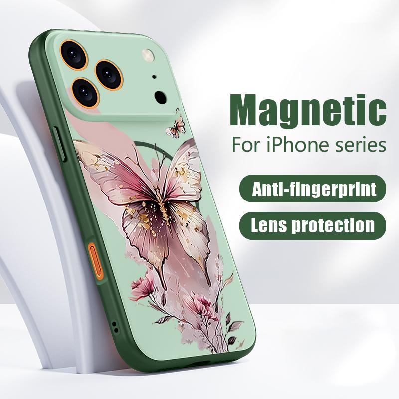 Магнитный Чехол Для Magsafe Для iPhone 17 Pro Max Розовый Узор Бабочка Акварель Покрытие с Ощущением Кожи Для iPhone 16 15 14 13 Pro Max