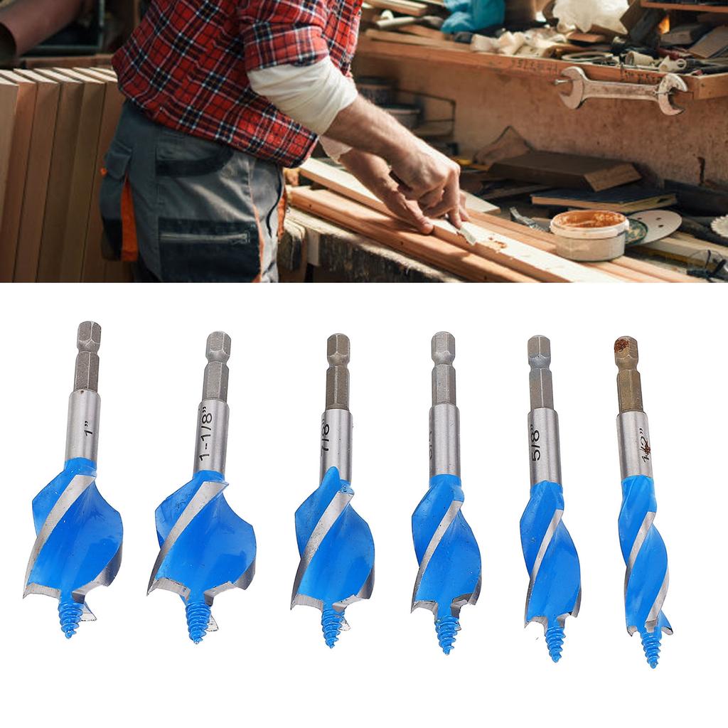 Набор из 6 сверл по дереву 1/2 дюйма, 5/8 дюйма, 3/4 дюйма, 7/8 дюйма, 1 дюйм, 1-1/8 дюйма, 4 канавки, 4 паза, шестигранный хвостовик 1/4 дюйма
