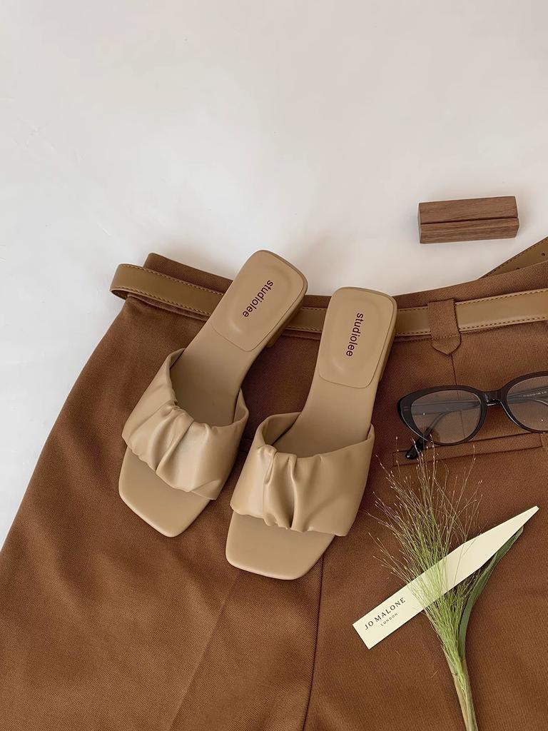 Sheepskin Version~ Pleated Design Sense One Word with Square Head Thick Heel Leather Cool Slippers Female Summer