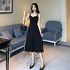 Women's 2025 Summer Little Black Slit Dress - French Retro Bellflower Style, Over-the-Knee and Fitted Waist