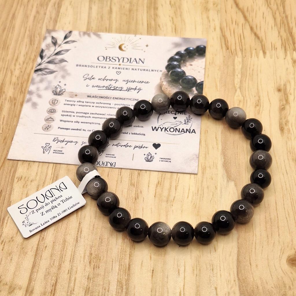 Obsidian bracelet silver natural stone bracelet on elastic band 16-18