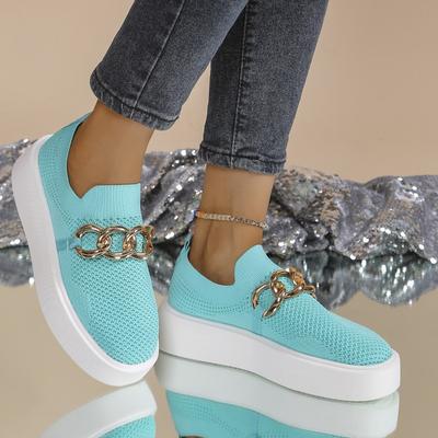 Женские однотонные туфли на толстой подошве из дышащего трикотажа, с декоративной цепочкой, закрывающие стопу, ленивое желание