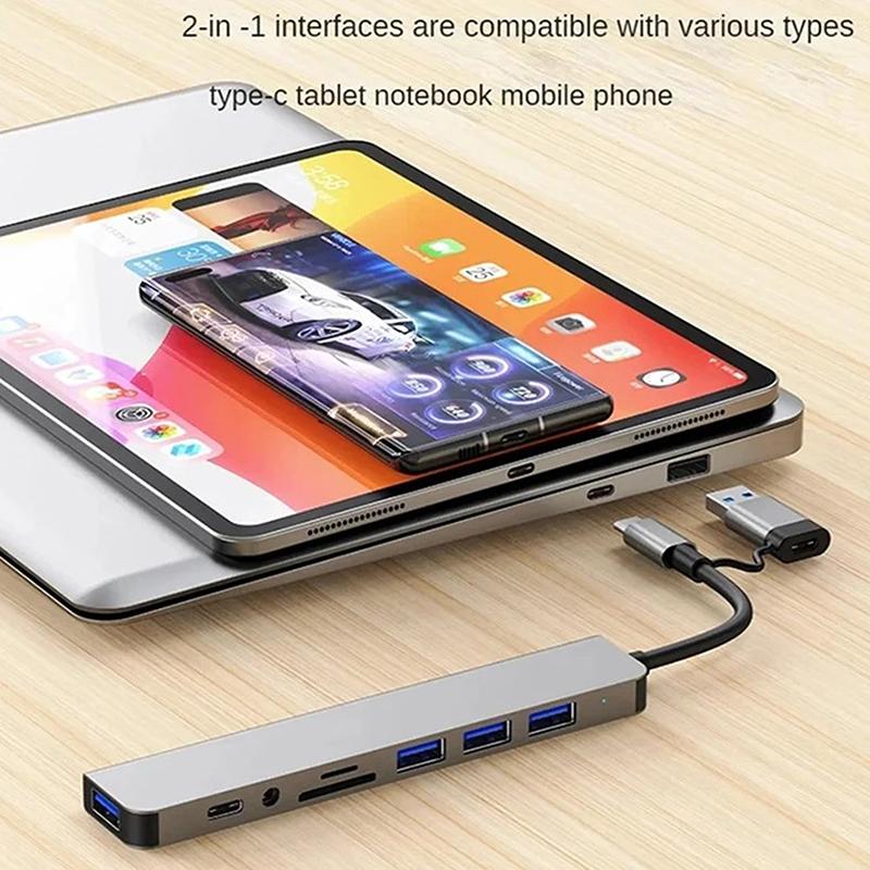 USB C Хаб USB Разветвитель 8 в 1 USB Удлинитель с 4 USB портами 1 портом USB-C Картридер TF/SD Аудиовыход Совместим с Macbook
