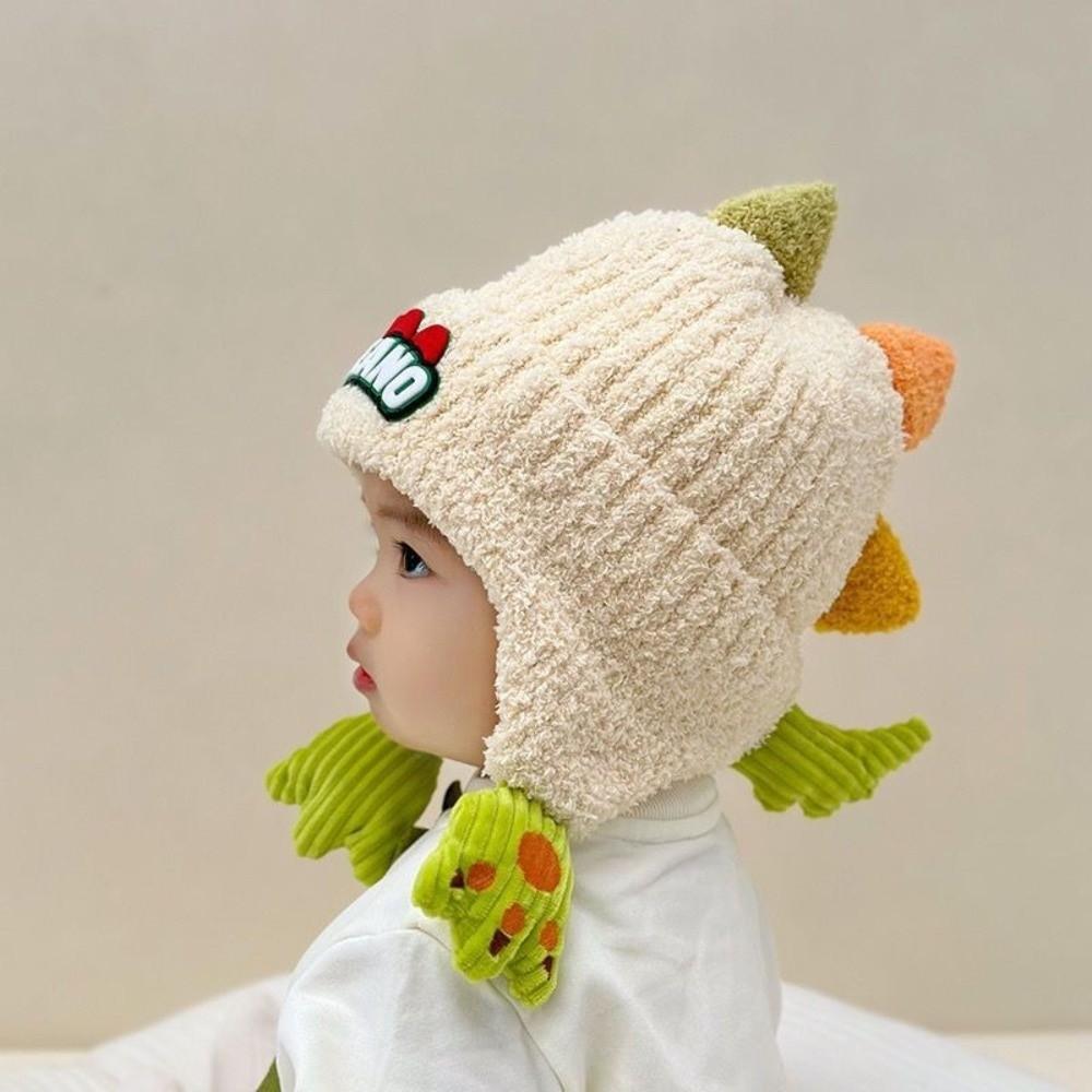 Cute Dinosaur Pullover Cap Windproof Plush Knitted Cap New Ear Protection Hat 2-6Y