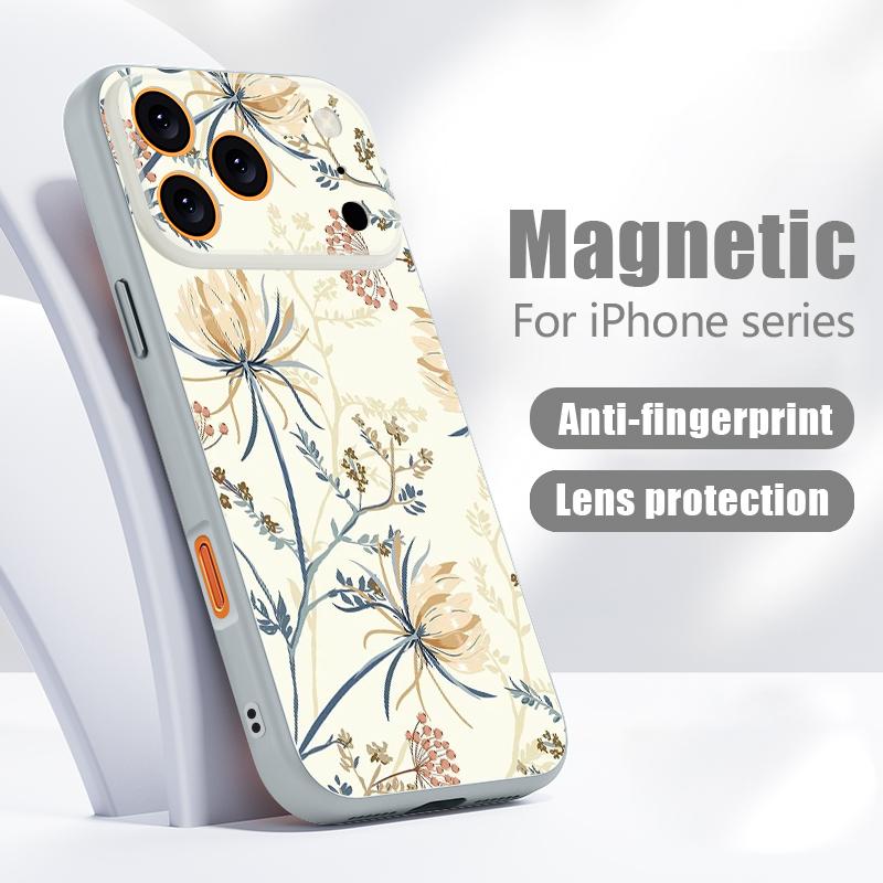 Пасторальный чехол с полевыми цветами для iPhone 17 18 Pro Max Магнитный для Magsafe Гибридная накладка с ощущением кожи для iPhone 16 15 14 13 Pro Max