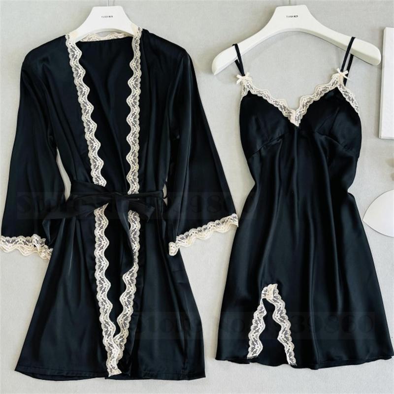 Sexy Lace Bathrobe Gown Nightdress Lingerie Summer New Female Nighty&Robe Set Nightgown Silky Satin Home Clothes Loungewear