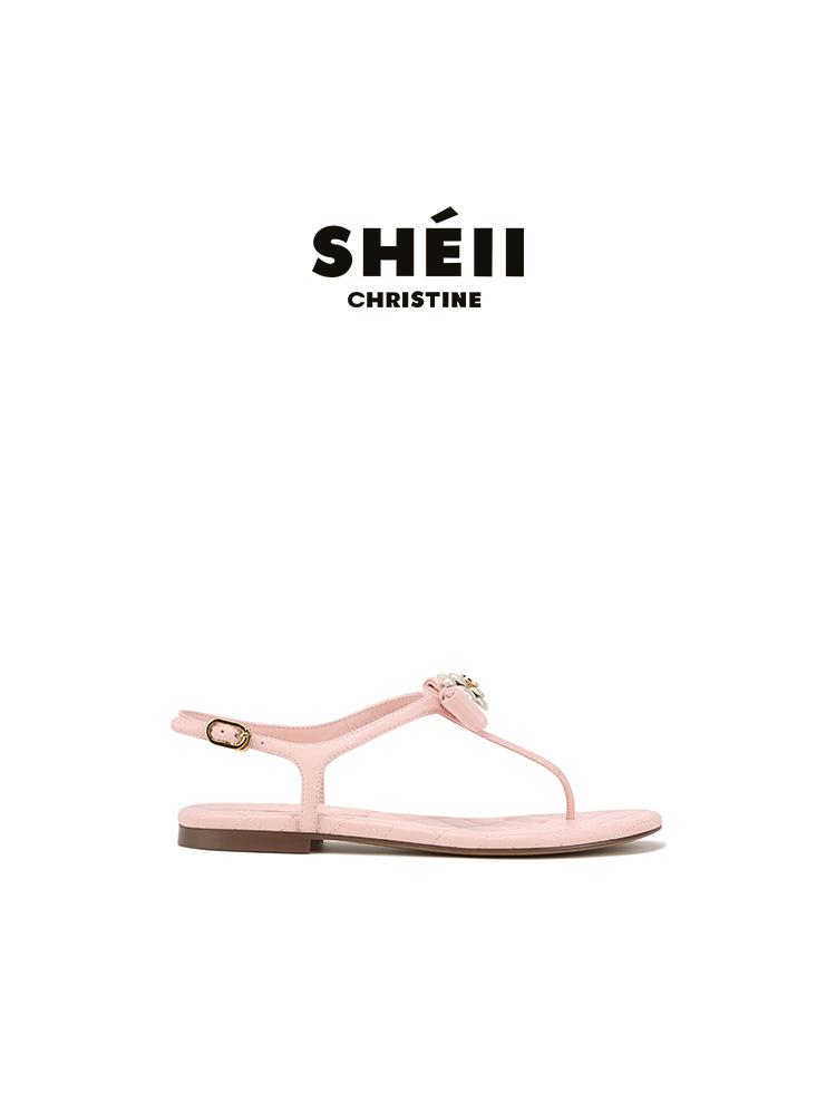 Su Yinyin Has the Same Xiaoxiangfeng Camellia Bow Toe Sandals, Soft Leather Versatile One-word Belt Flat Shoes, Women's Summer