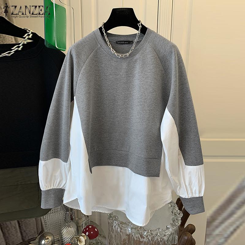 ZANZEA Женские осенние свободные свитера с круглым вырезом и длинным рукавом контрастного цвета