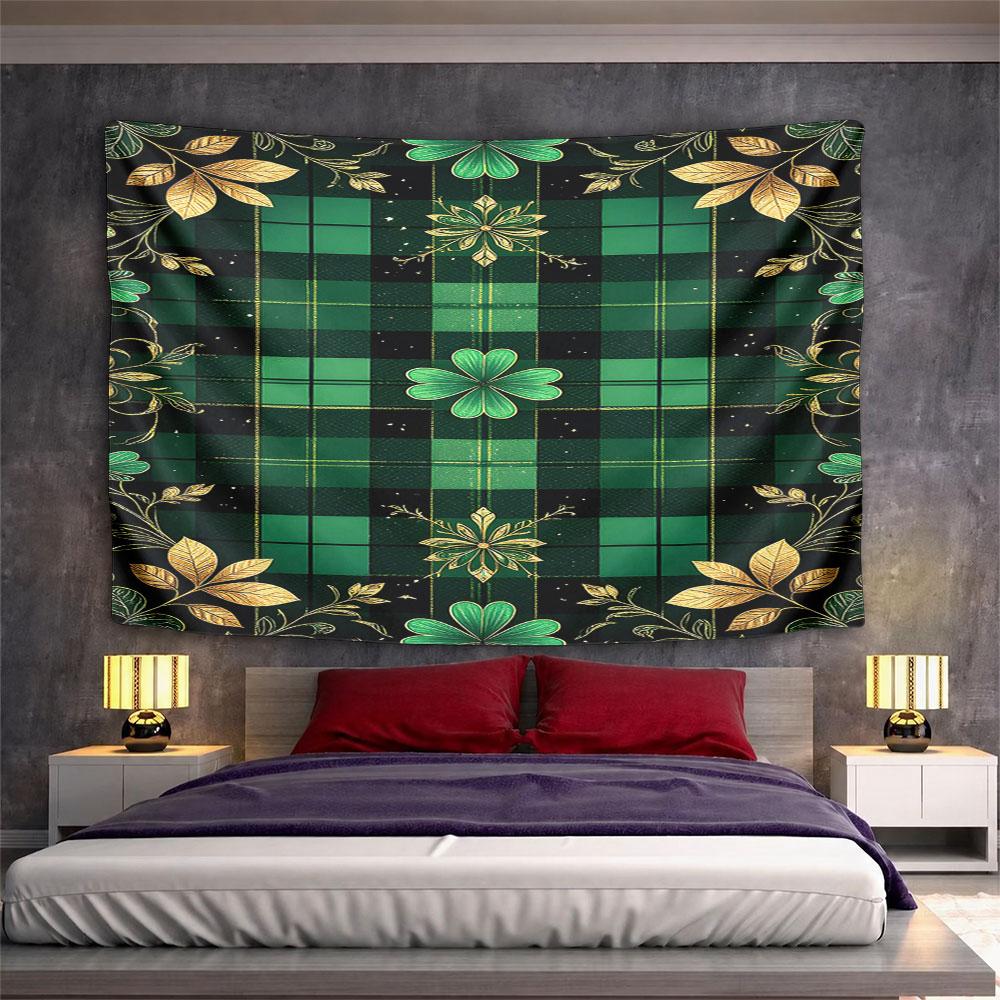 Green Plaid with Gold Leaves & Clovers Pattern Wall Hanging Tapestry Decorative Tapestry Home Decor for Bedroom and Living Room