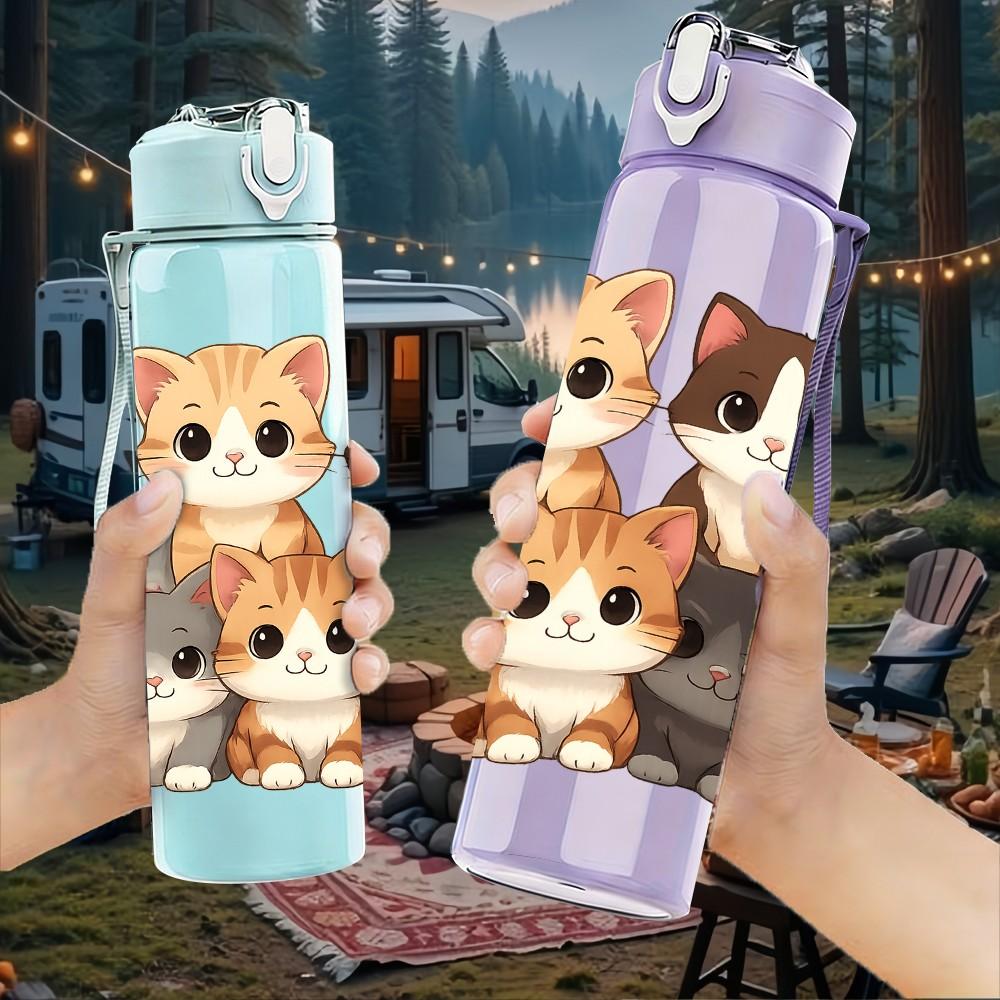 1PC Family Kitten Stack Pattern 750ml Color Plastic Sports Water Bottle Leakproof Flip Straw Lid Suitable for Sports Office Home Use
