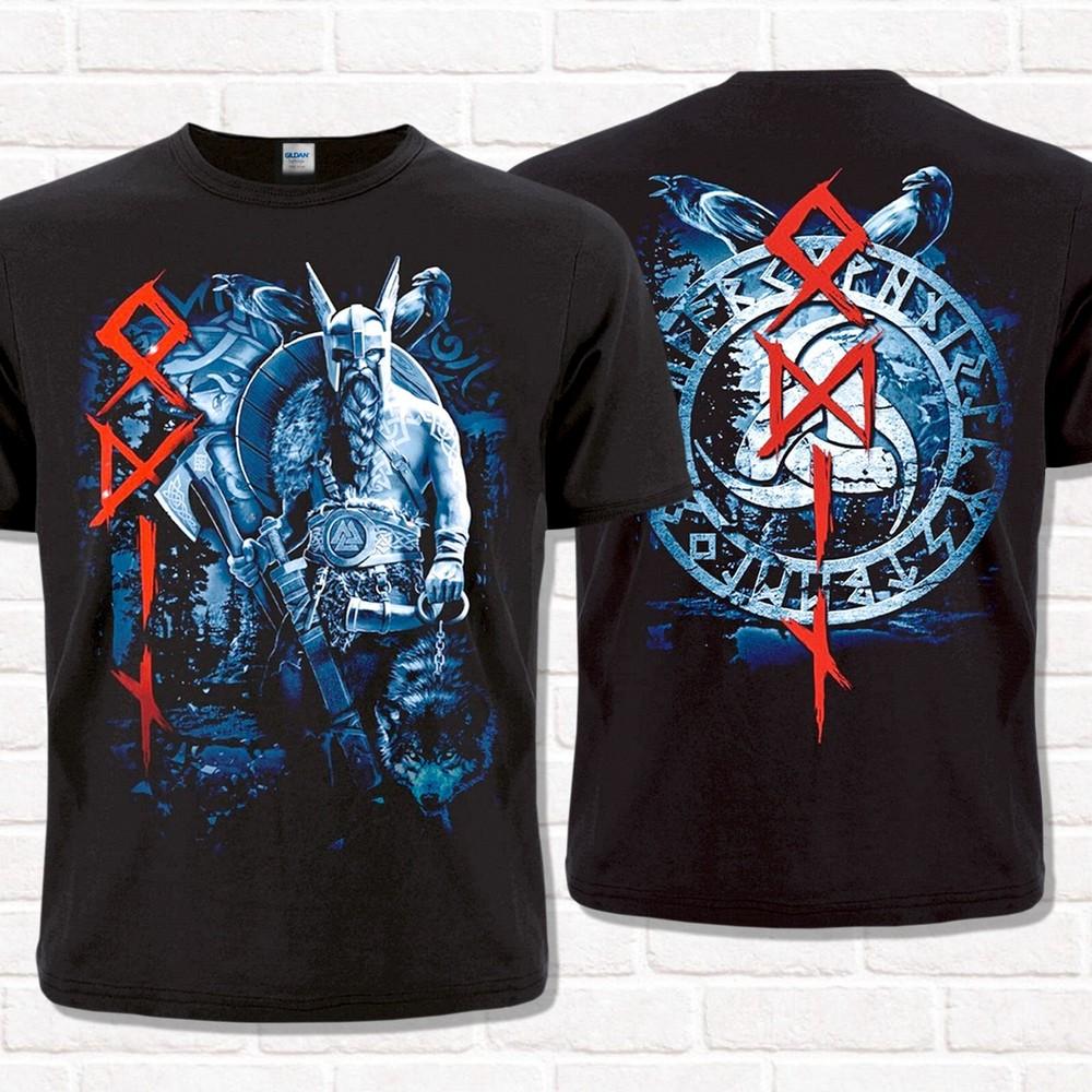 Viking style black T-Shirt Odin with Crows, Valknut. Asatru. Nordic tradition.