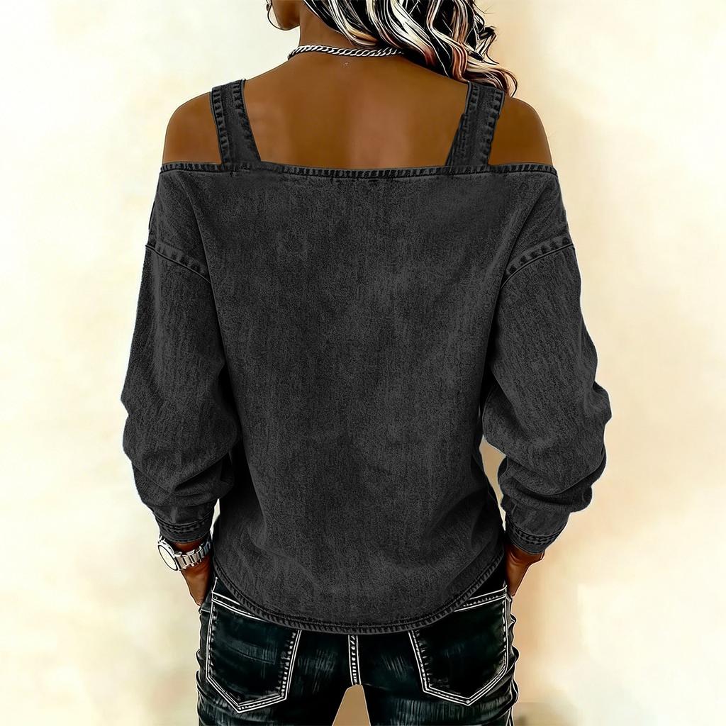 Женский элегантный и универсальный топ с открытыми плечами, длинными рукавами и бретелями.