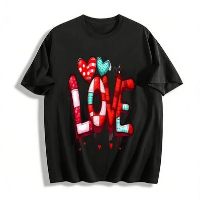 Винтажная Пэчворк Сердце LOVE Принт Парная Повседневная Футболка с Круглым Вырезом Хлопковая Футболка