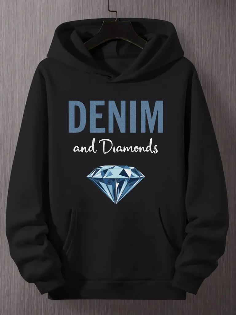 DENIM & Diamonds Graphic Plus Size Hoodie - Black Relaxed Fit Casual Pullover with Adjustable Hood