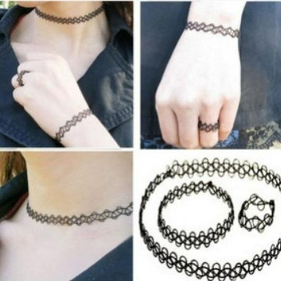 Японский Харадзюку Ева Тату Чокер в стиле Кико, Панк Ретро Набор Ожерелье, Кольцо и Браслет