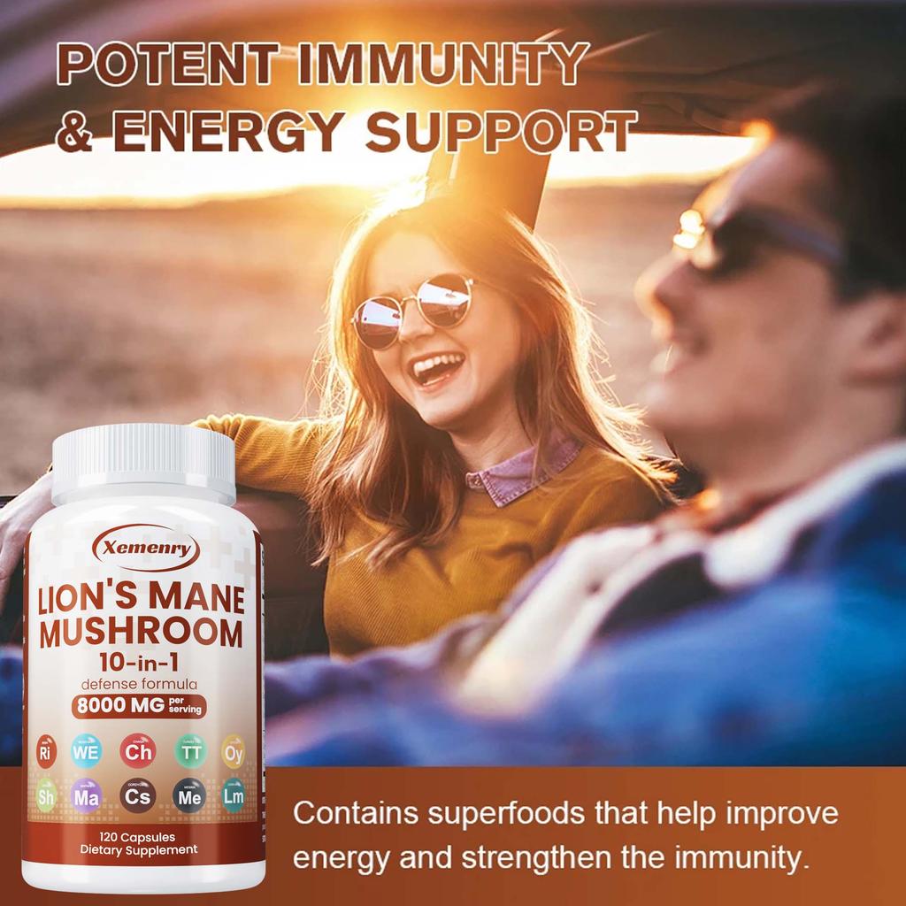 Lion's Mane Mushroom Capsules - Brain Memory Focus Immune Support Supplement