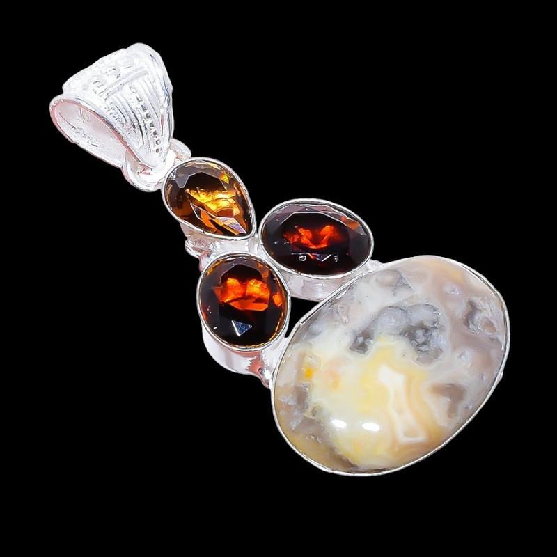Laguna Lace Agate, Smokey Gemstone 925 Sterling Silver Jewelry Pendant 2.0" AH-3319