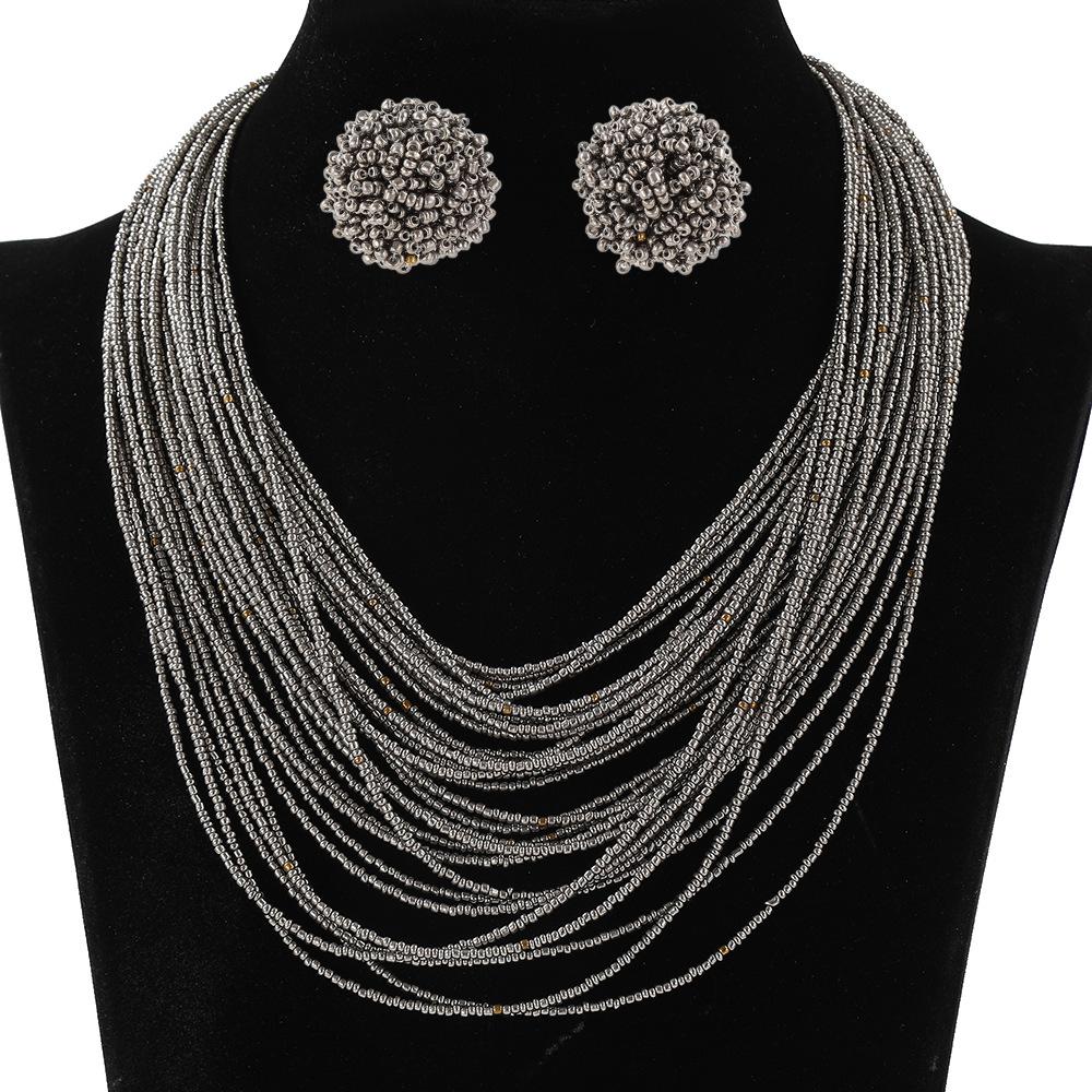 Богемный Многослойный Набор Серьги-Ожерелье из Рисового Бисера Ретро Этнический Стиль Цепочка на Свитер Женские Многослойные Украшения