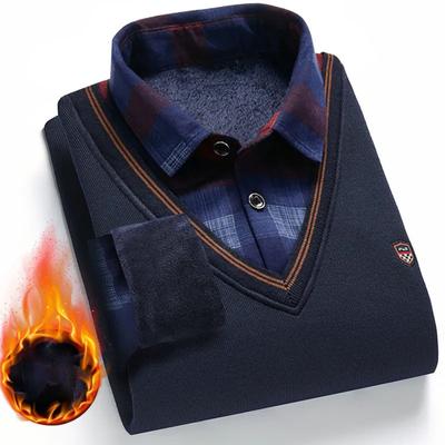 Мужской осенний повседневный свитер из двух частей с воротником-рубашкой из утолщенного бархата