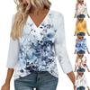 Women's 3/4 Sleeve Shirts V Neck Print Tops Casual Tops Basic Tees Blouse Loose Tops