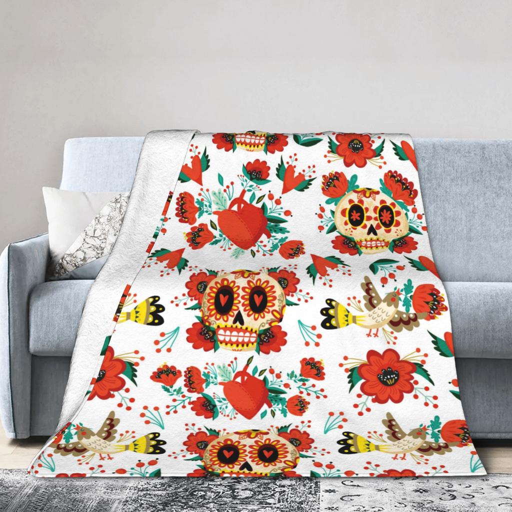 Sugar Skull Halloween Mexican Knitted Blankets Coral Fleece Plush Adorable Folk Style Lightweight Throw Blankets for Bed Bed Rug