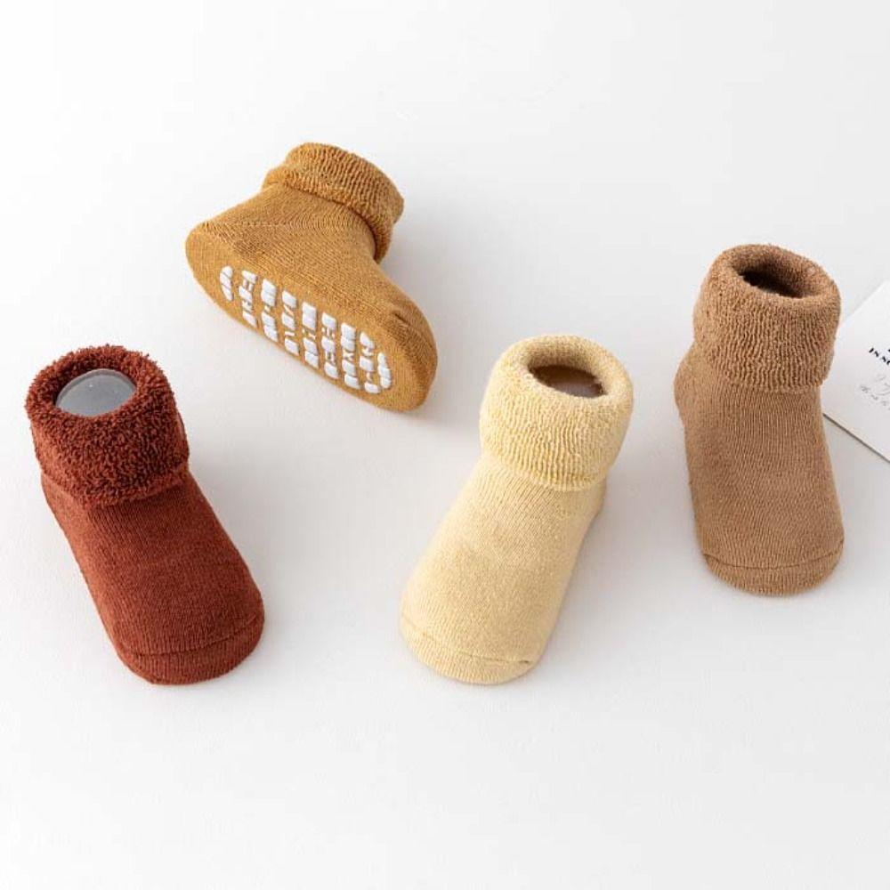 4Pairs Anti-slip Infant Learning Walk Socks Solid Color Home Sleep Socks Autumn&Winter