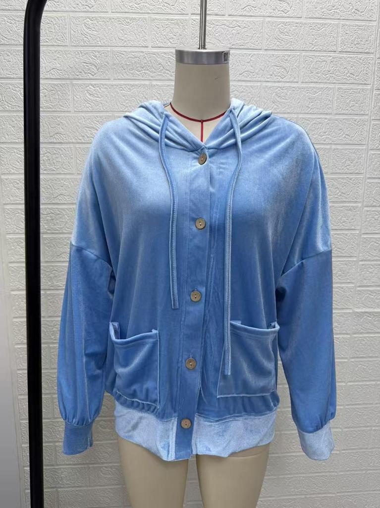 2026 Women's Autumn/Winter Velvet Hooded Button-Up Cardigan Coat - European/American Style, Solid Color, Long Sleeve, Casual Fashion